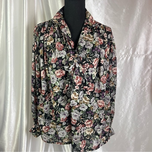 Vintage Tops - Vintage Sheer Black Floral Button-Up Tie Front Blouse 2X/3X Romantic Cottagecore
